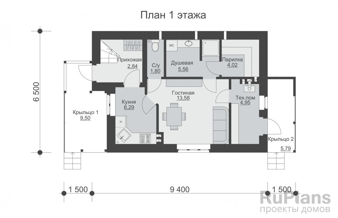 Rg3356 - Одноэтажная баня с мансардой и террасой.