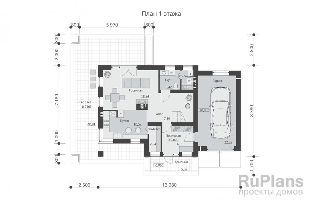 Rg4945 - Одноэтажный дом с мансардой, гаражом, балконом и тремя спальнями