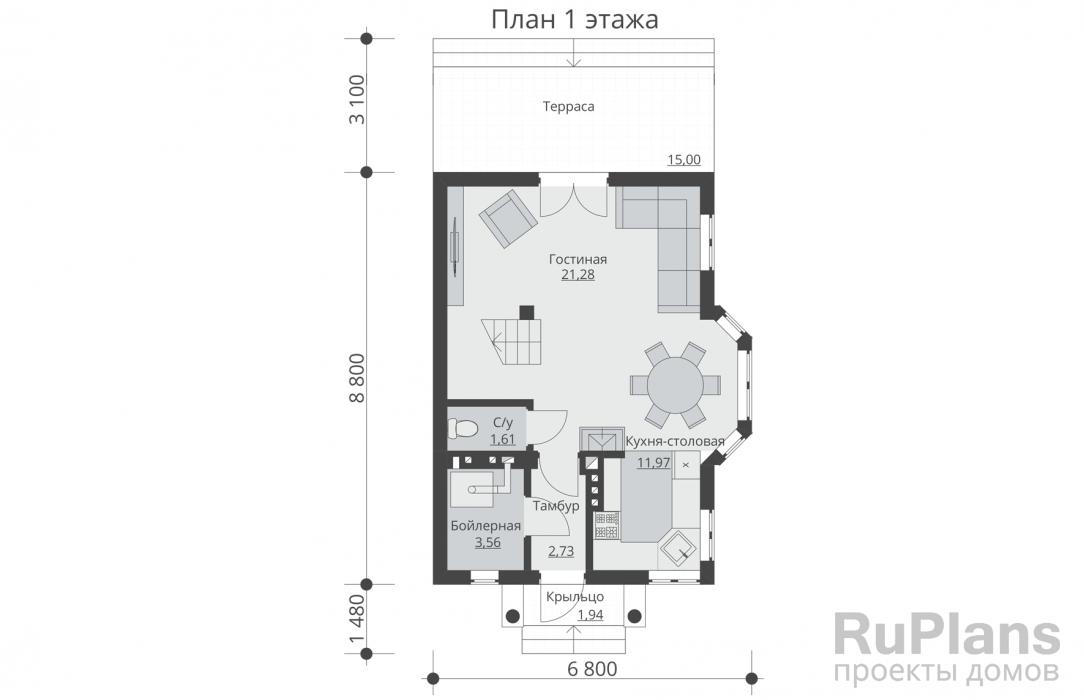 Rg5273 - Проект одноэтажного жилого дома с мансардой