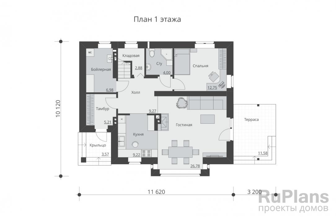 Rg5291 - Проект одноэтажного дома с мансардой и террасой