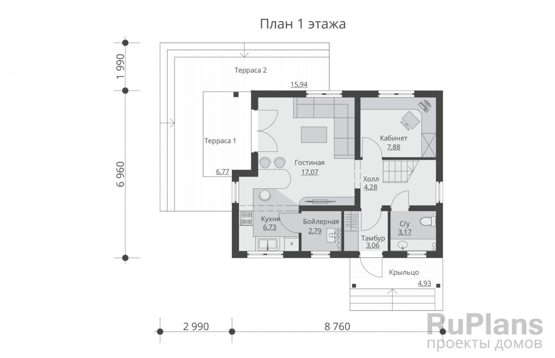 Rg5326 - Одноэтажный дом с мансардой и террасой