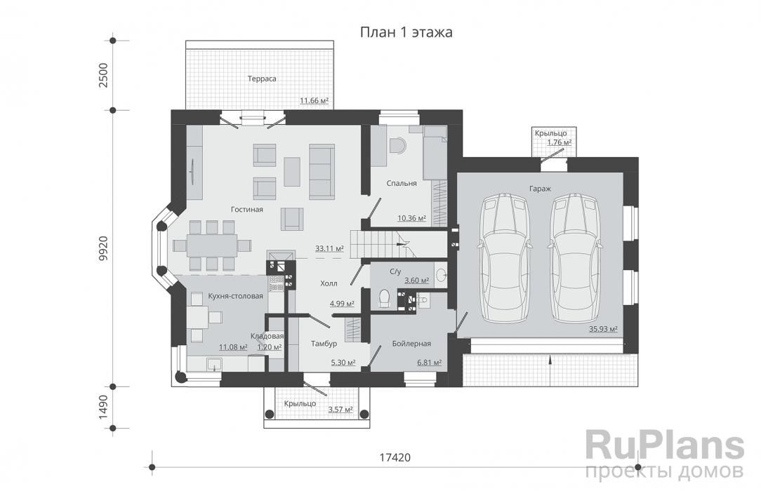 Rg5353 - Одноэтажный дом с мансардой, гаражом на две машины, террасой и балконами