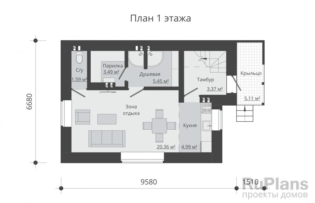 Rg5357 - Одноэтажный дом с мансардой