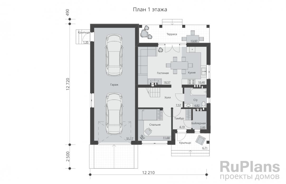 Rg5364 - Проект одноэтажного дома с террасой и мансардой