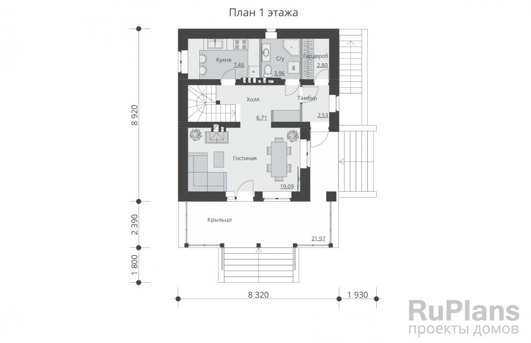 Rg5365 - Проект индивидуального одноэтажного жилого дома с подвалом и мансардой.