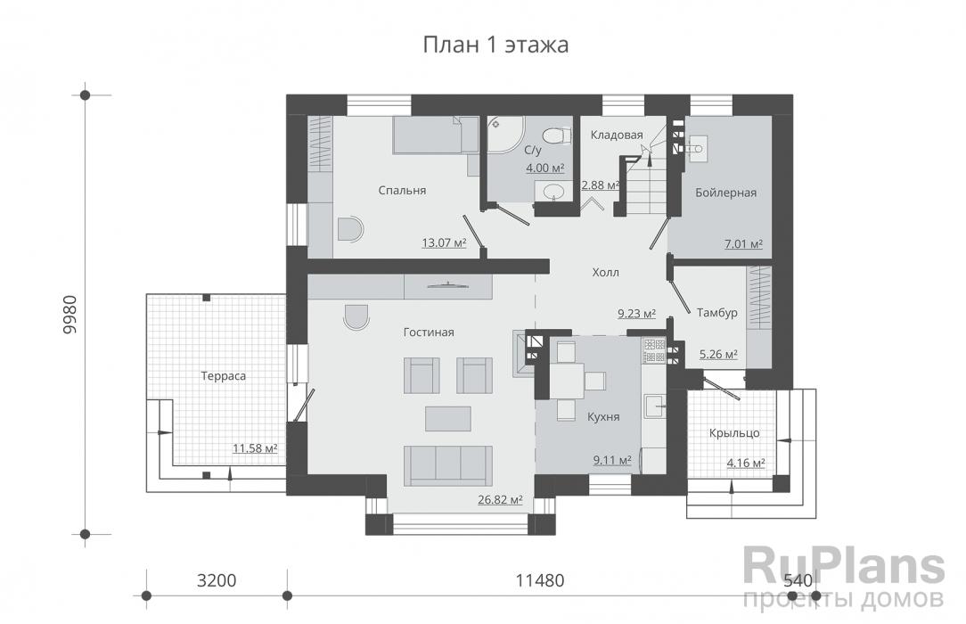 Rg5369 - Одноэтажный дом с мансардой, террасой и балконом