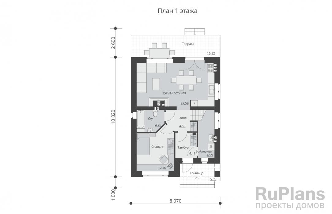 Rg5372 - Проект одноэтажного дома с мансардой и террасой