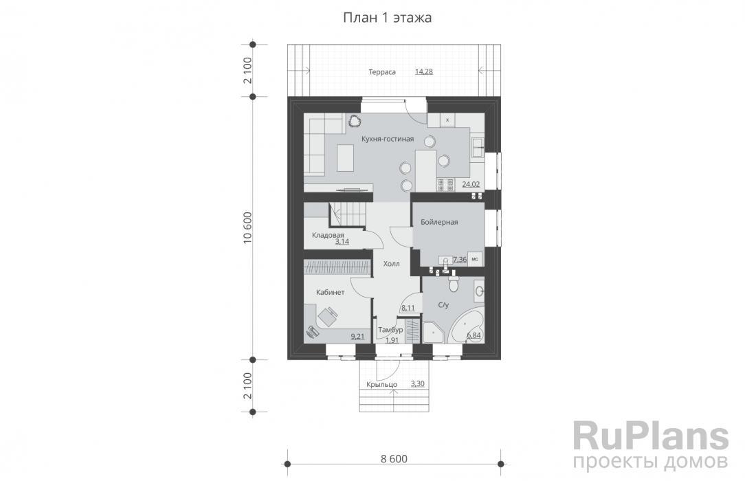 Rg5381 - Проект одноэтажного жилого дома с террасой и мансардой