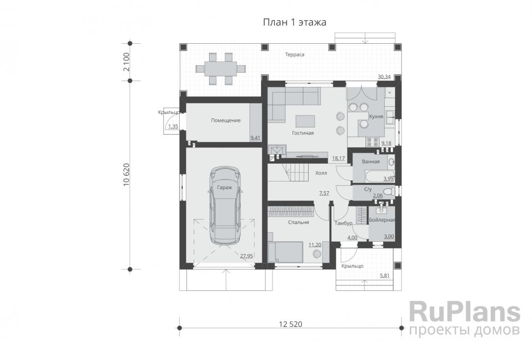 Rg5383 - Проект одноэтажного жилого дома с  террасой и мансардой