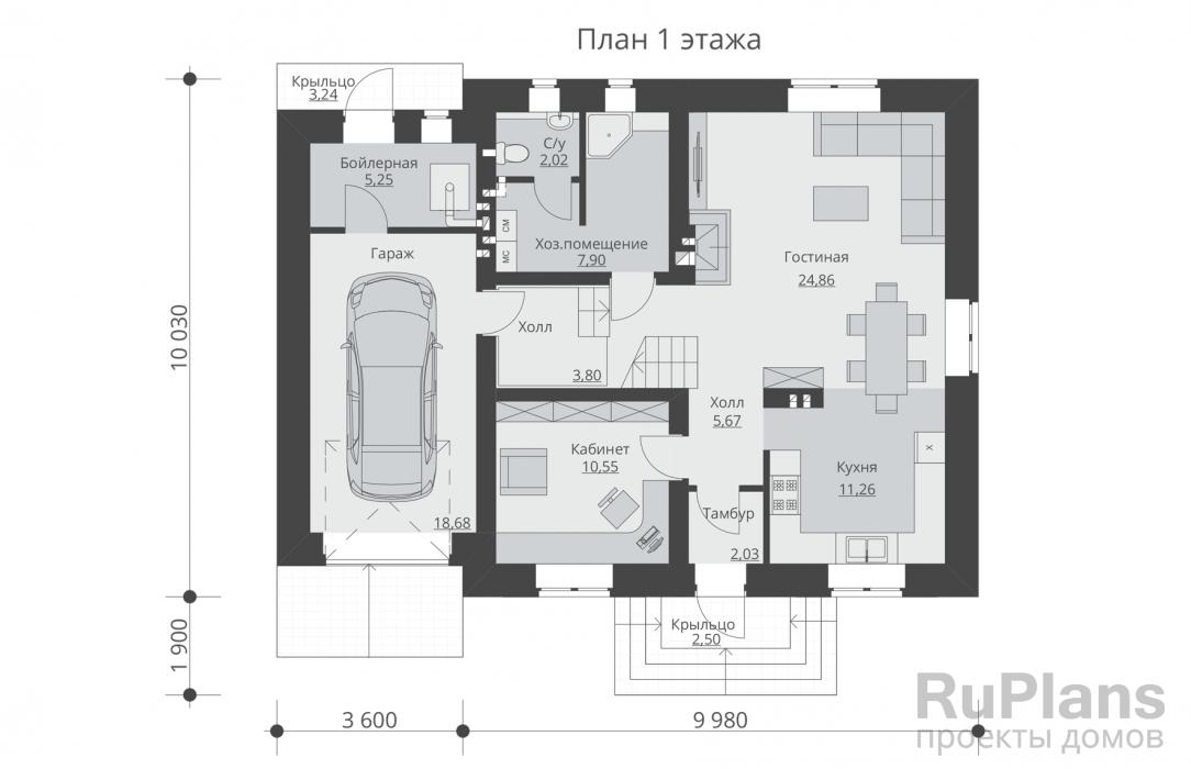 Rg5390 - Одноэтажный дом с мансардой и гаражом