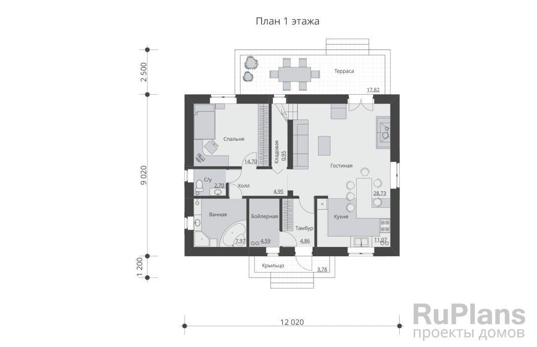 Rg5440 - Проект одноэтажногго дома с мансардой и террасой