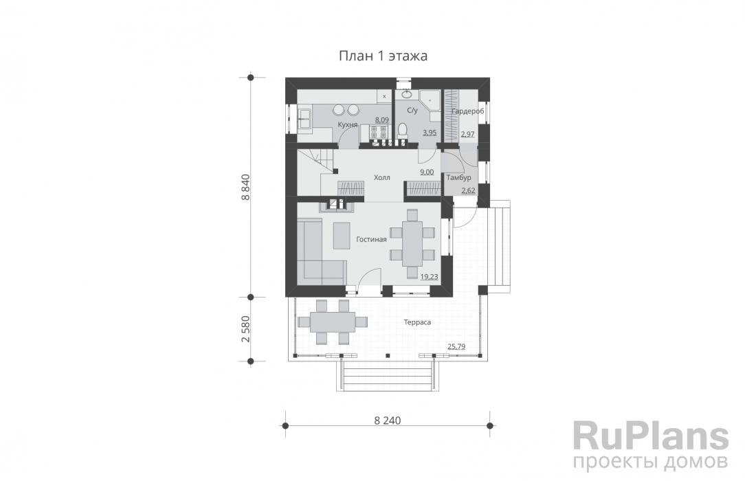 Rg5482 - Проект одноэтажного дома с мансардой и террасой