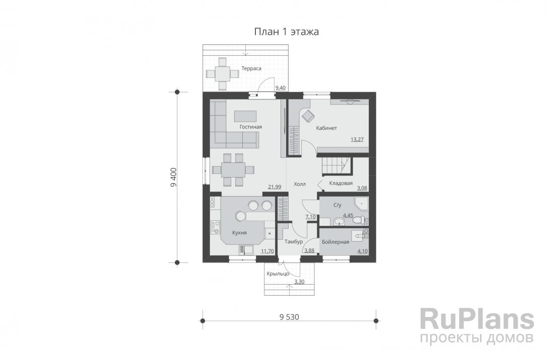 Rg5489 - Проект одноэтажного дома с мансардой и террасой