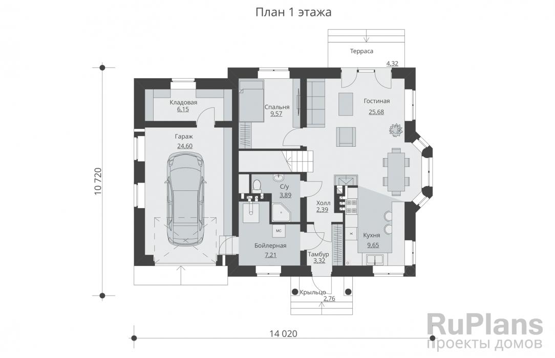 Rg5525 - Одноэтажный дом с мансардой, гаражом, террасой и балконами