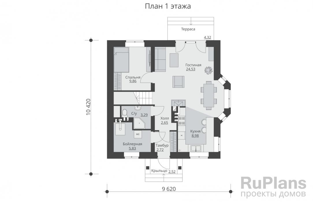 Rg5531 - Одноэтажный дом с мансардой, террасой и балконами