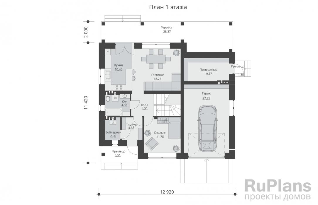 Rg5535 - Проект одноэтажного жилого дома с мансардой, подвалом, гаражом и террасой