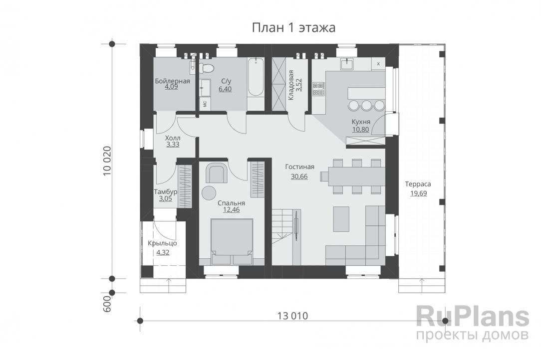 Rg5567 - Одноэтажный дом с мансардой