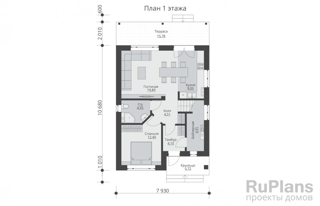 Rg5581 - Проект одноэтажногго дома с мансардой и террасой