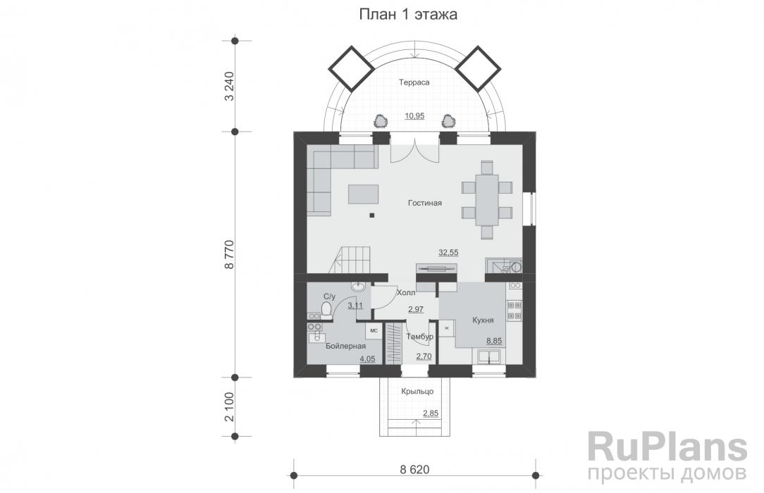 Rg5584 - Проект одноэтажного дома с мансардой и террасой