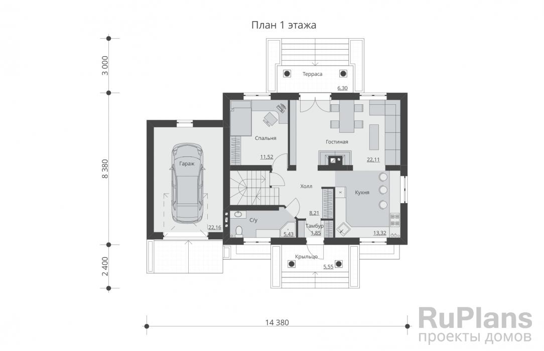 Rg5594 - Проект одноэтажного дома с подвалом, мансардой, гаражом и террасой.