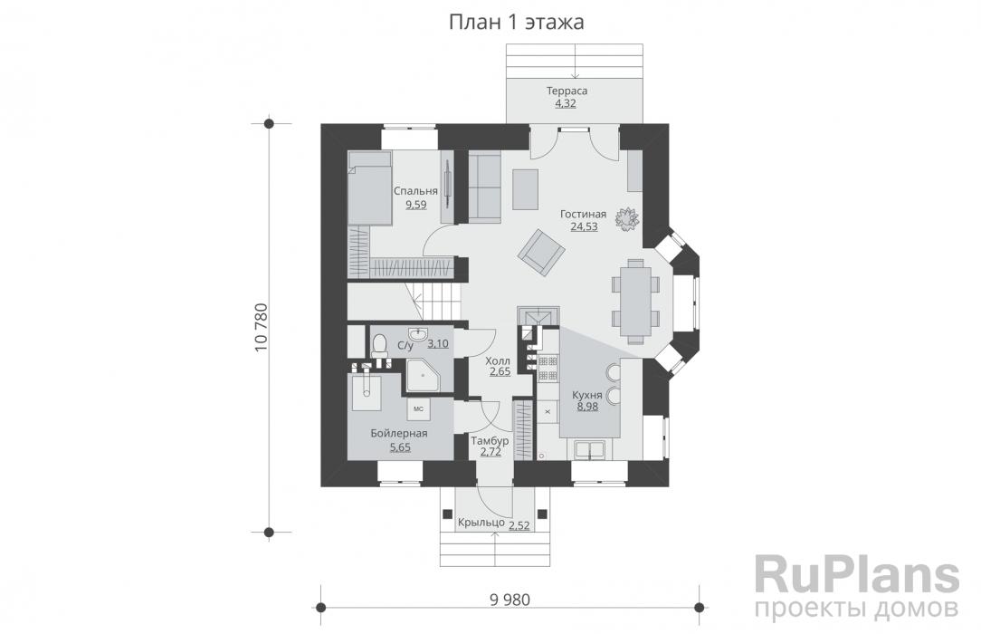 Rg5633 - Одноэтажный дом с мансардой, террасой, эркером и балконами