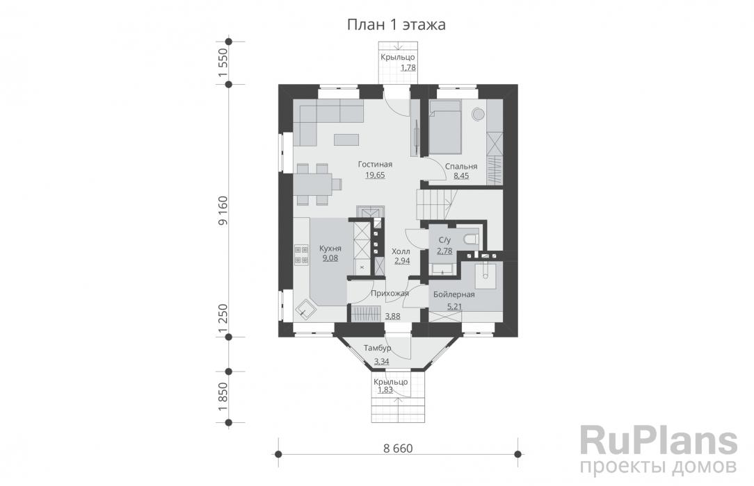 Rg5656 - Одноэтажный дом с мансардой