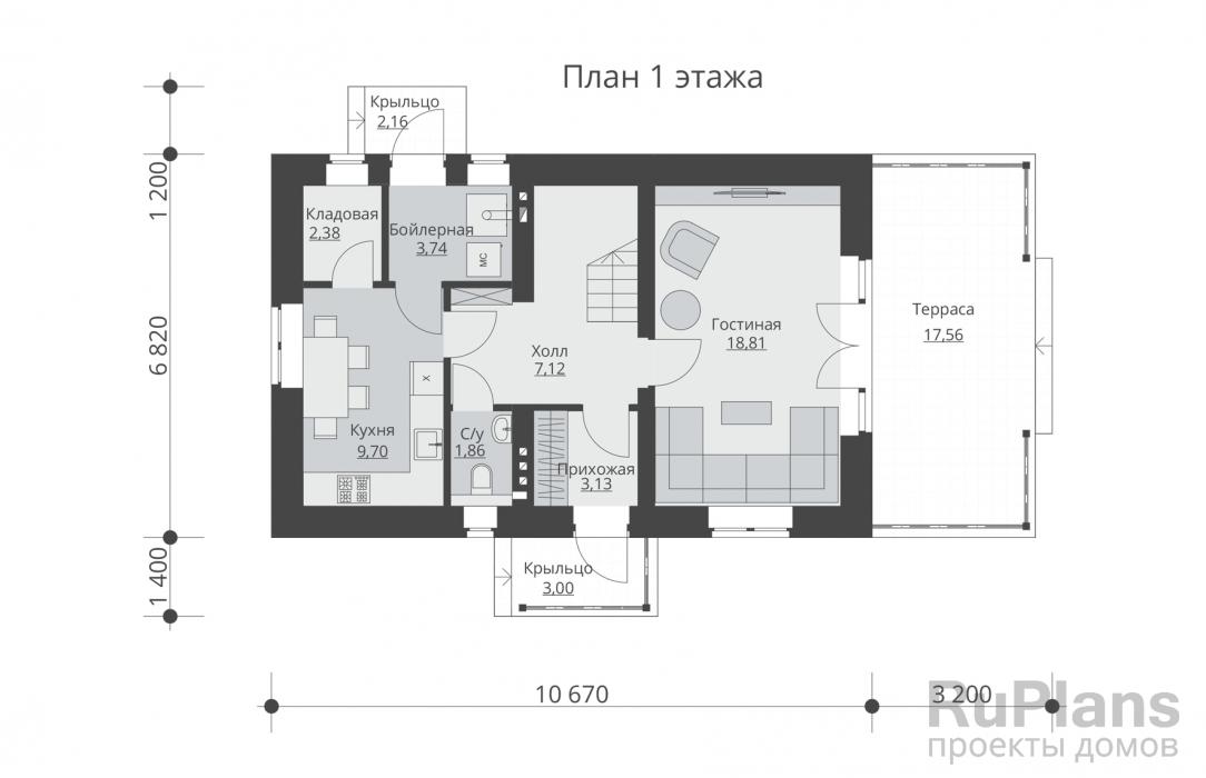 Rg5835 - Проект одноэтажного дома с мансардой и террасой