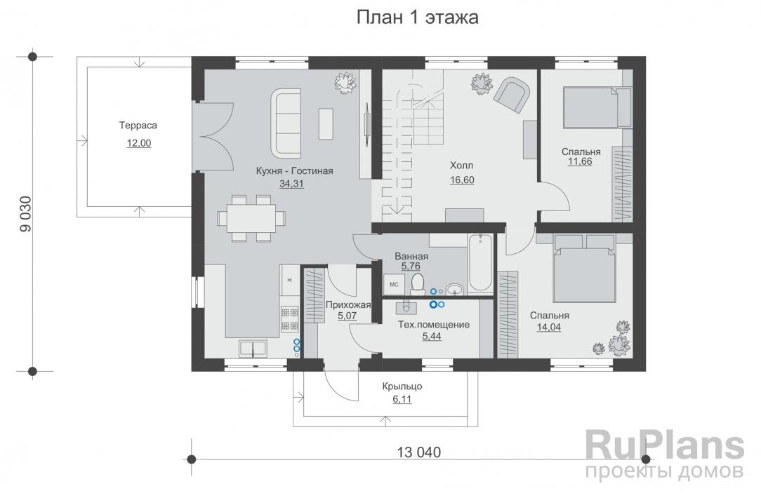 Rg6013 - Одноэтажный дом с мансардой и террасой