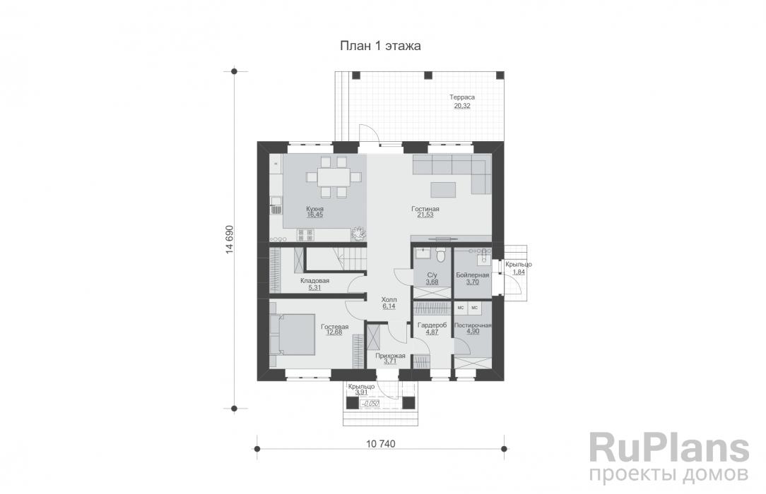 Rg6054 - Двухэтажный дом с мансардой, террасой, четырьмя спальнями и отделкой облицовочным кирпичом