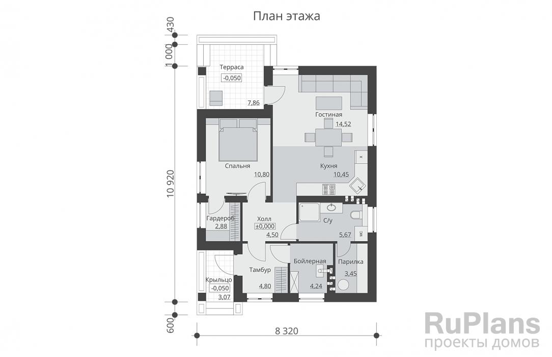 Rg6181 - Одноэтажный дом с одной спальней и маленькой террасой