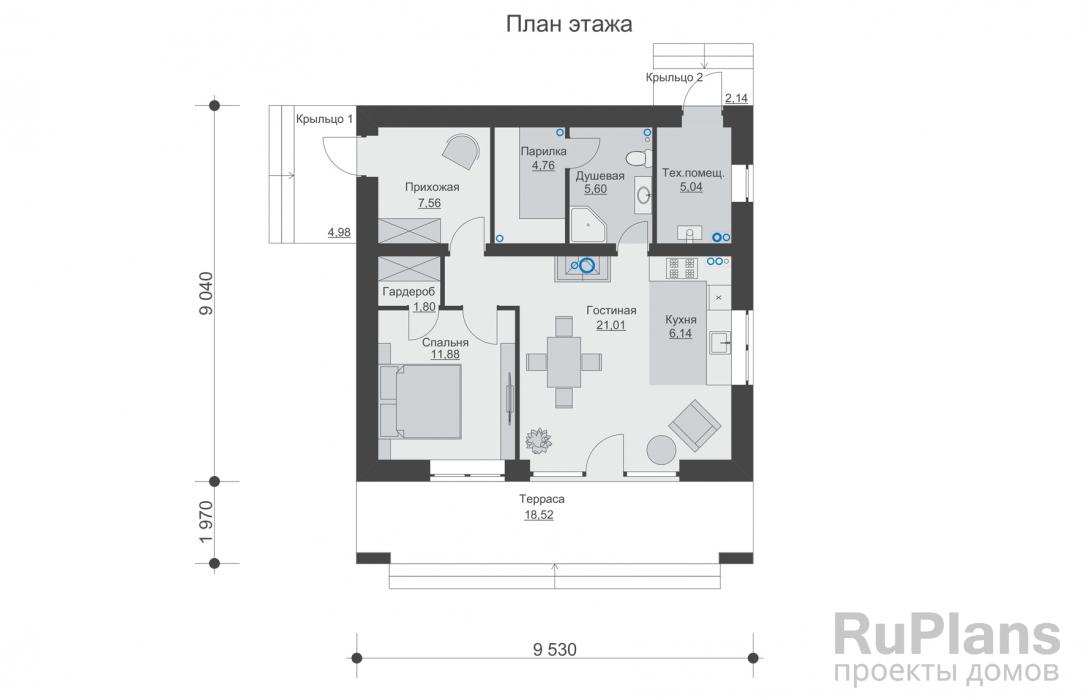 Rg6238 - Одноэтажный дом с террасой и парилкой