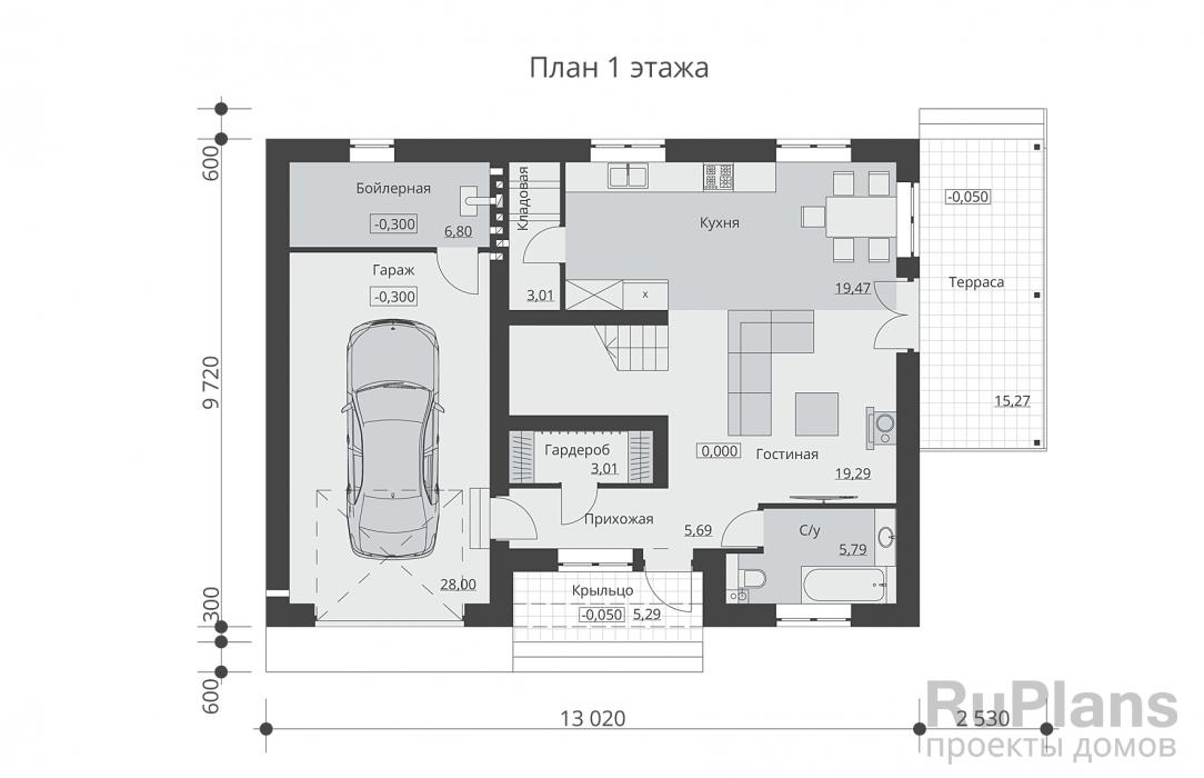 Rg6240 - Одноэтажный дом с мансардой, гаражом и кабинетом