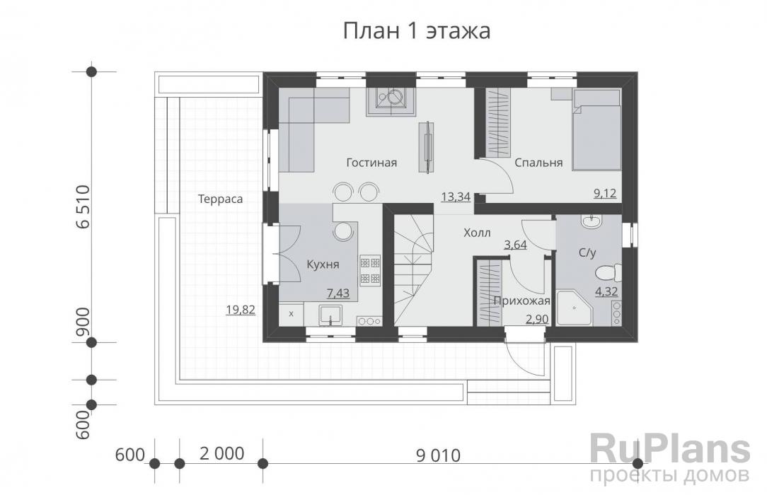 Rg6271 - Одноэтажный жилой дом с мансардой