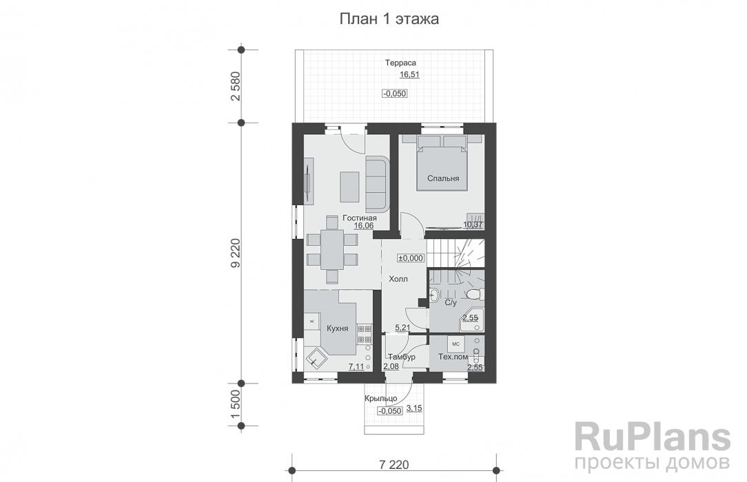 Rg6326 - Одноэтажный дом с мансардой, террасой, тремя спальнями и отделкой листами АМК.