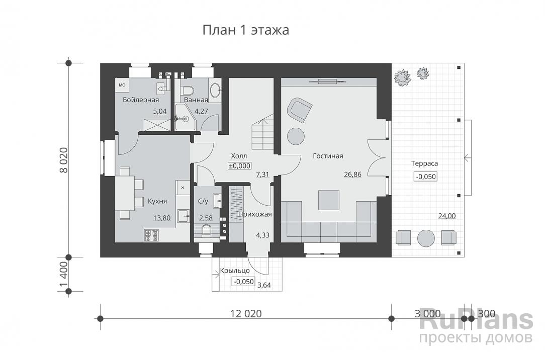 Rg6331 - Одноэтажный дом с мансардой, просторной гостиной и тремя спальнями