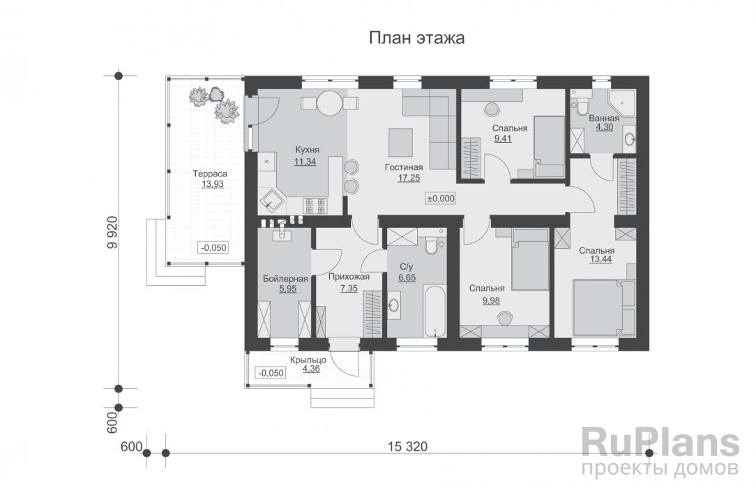 Rg6395 - Одноэтажный дом с тремя спальнями и террасой