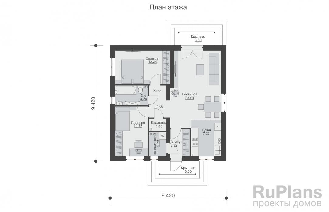 Rg6401 - Одноэтажный дом с двумя спальнями